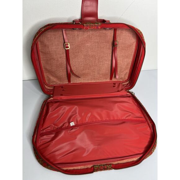 Vintage Suitcase Plaid Made in Japan Red Vinyl Pockets Zipper Retro Travel - Picture 11 of 16